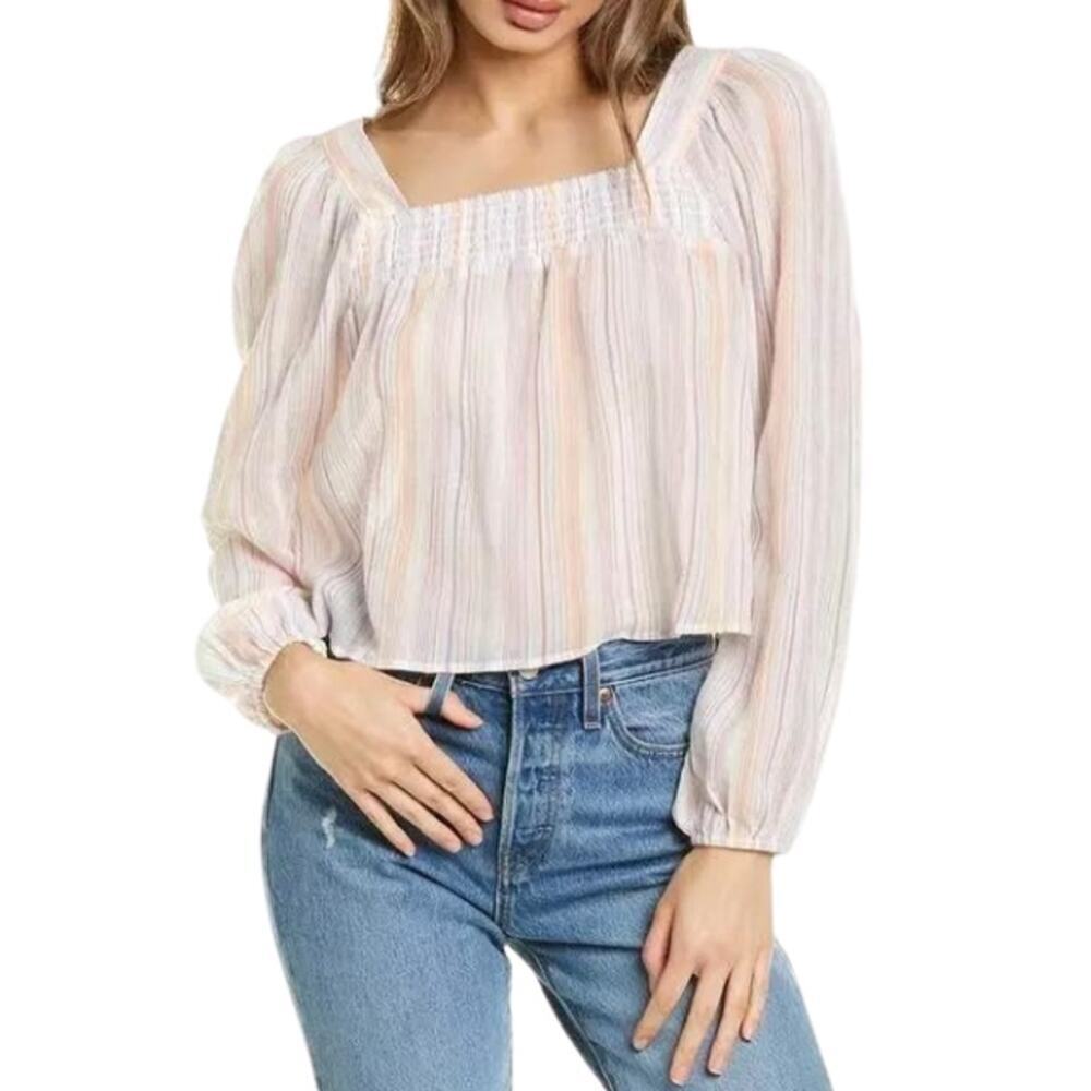 BCBGeneration Blouse Square Neck Smocked Striped Cotton Fabric Pink Chiffon